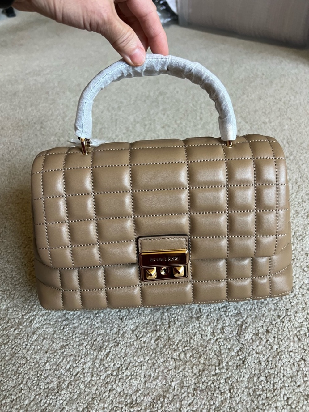 Michael Kors Quilted Top Handle Satchel in Taupe Brown with Gold Hardware